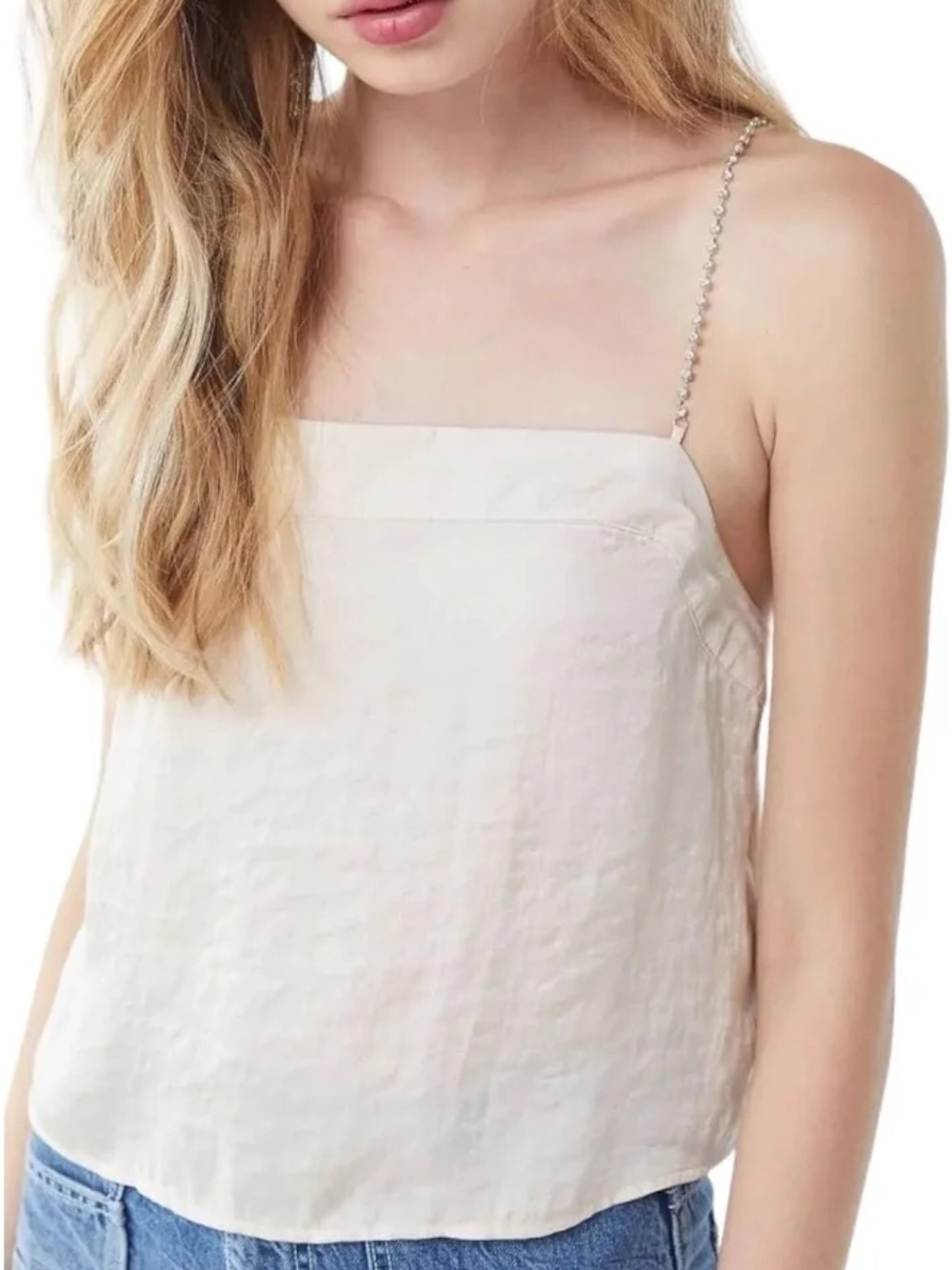 Urban Outfitters Cream Satin Top with Rhinestone Straps